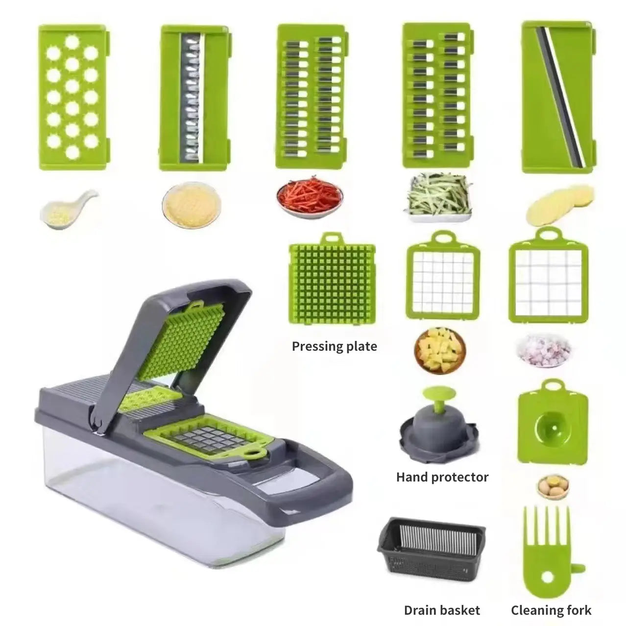 1Pc Green Black 12 in 1 Multifunctional Vegetable Slicer Cutter Shredders Slicer with Basket Fruit Potato Chopper Carrot Grater