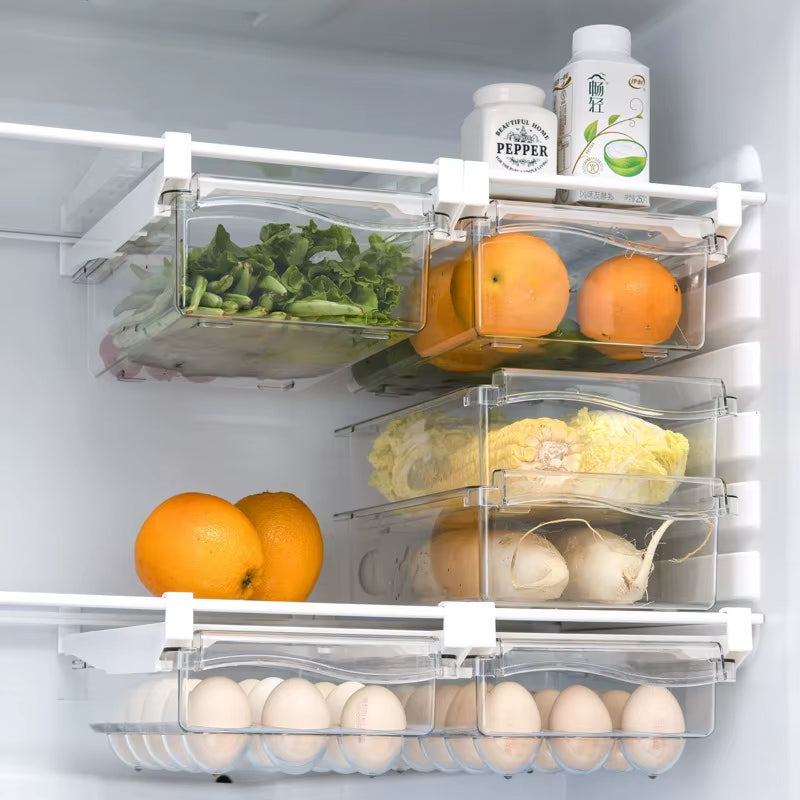 Plastic Clear Fridge Organizer Slide under Shelf Drawer Box Rack Holder Refrigerator Drawer Kitchen Fruit Food Storage Box